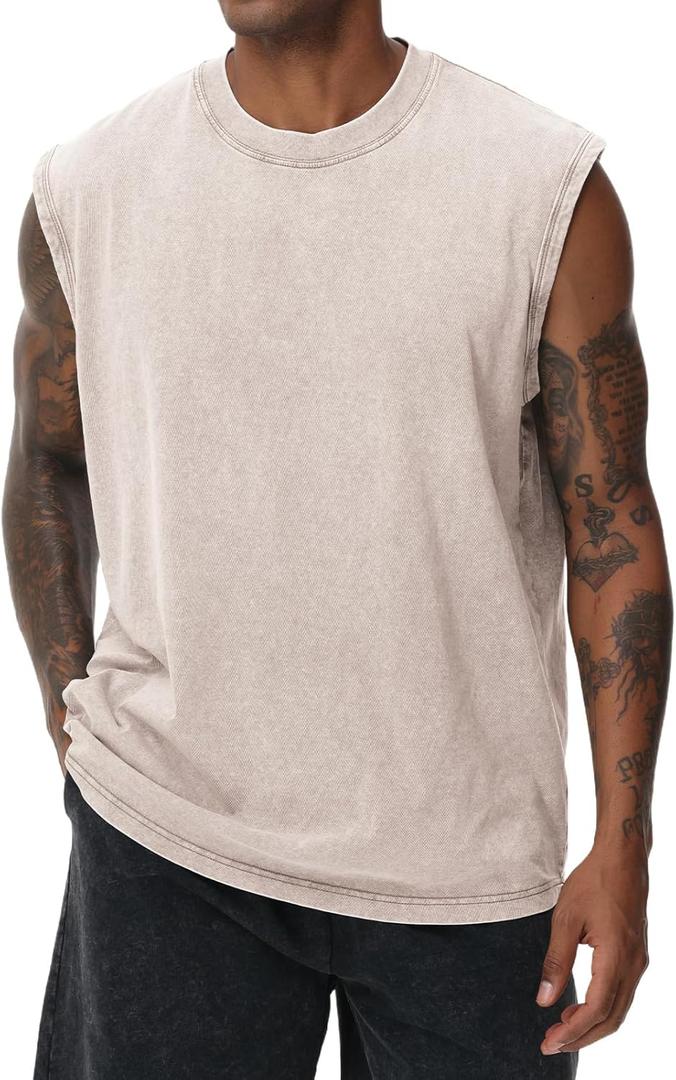 Mens Cotton Sleeveless Tank Tops Cut Off Muscle Gym T Shirts Running Beach Loose Fit Tees (Medium, Ivory)