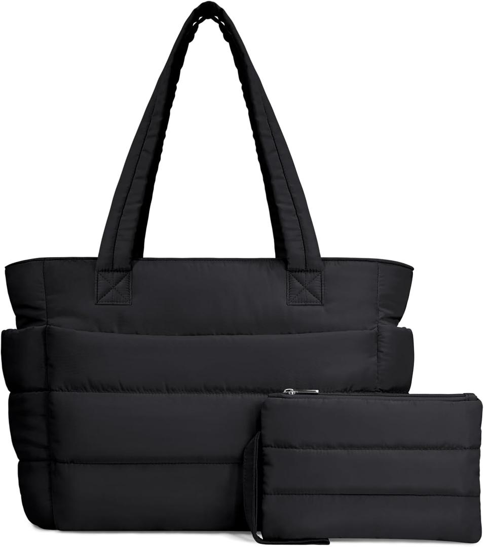 TOPDesign Puffer Tote Bag for Women, Lightweight Puffy Handbag with Compartments, Quilted Shoulder Bag for Work, Travel, Gym (Large, Black)