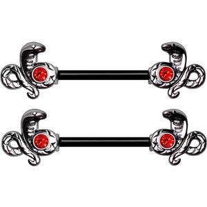 Pierced Owl 14GA Striking Cobra Protecting Ruby Red CZ Black PVD Plated 316L Surgical Stainless Steel Barbell Nipple Rings, Sold as a Pair
