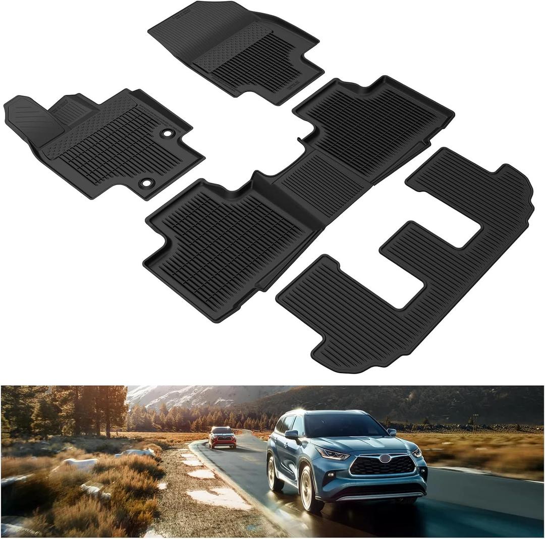 KIWI MASTER Floor Mats for 2020-2025 Toyota Highlander OEM Replacement PT908-48200-20 All Weather Mat Custom Fit Liners Front Rear 3rd 3 Row Seat TPE Slush Liner Black