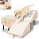 Split Ottoman Dogs Ramp, Dog Ramp for Couch and Bed, Dog Stairs for Small Dogs and Cats, 2-in-1 Foldable Wooden Pet Stairs and Ottoman,Non-Slip Fabric Surface Ramp for Couch and Bed Khaki Plush
