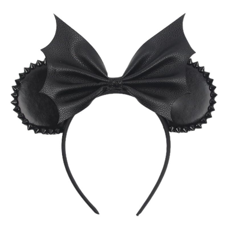 JIAHANG PU Mouse Ear Black Headband with Rivet, Halloween Bat Hair Bow Hairband, Festival Masquerade Party Decoration Role Play Headwear for Women Girls