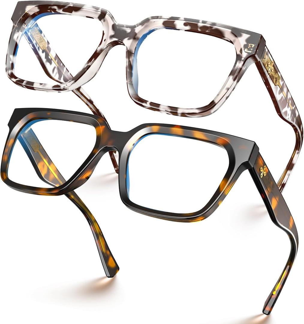 VISOONE 2 Pack Rectangle TR90 Blue Light Blocking Glasses Computer Eyewear with Preppy Look for Women and Men Cougar (Amber Tortoise + Cheetah Tortoise)