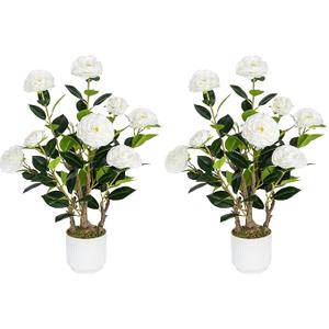 Jcezvnt 2 Pack Artificial Camellia Tree with White Pot, 24" Faux Potted Plants for Indoor Outdoor Decor, Tall Silk Greenery Plant for Home Office Living Room Balcony, White