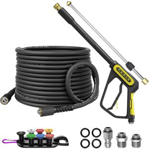 POHIR 5000PSI Pressure Washer Gun and 50ft Hose 4000psi, Extension Wand Adjustable Length, Kit with 3/8" Swivel Plug & M22-14/15mm Fitting & 7 Nozzle Tips for Cleaning (5000psi Gun with 50ft Hose)