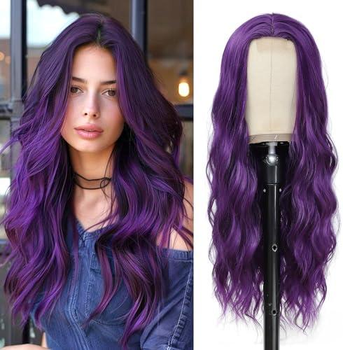 YBYMCAI Long Purple Wavy Wigs for Women Middle Part Dark Purple Wig 26 inch Natural Curly Synthetic Wig Heat Resistant Fiber Wigs for Daily Party Use