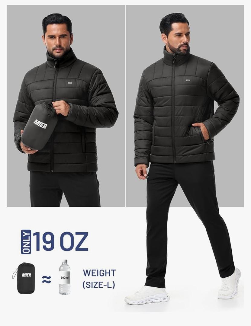 MIER Puffer Jacket for Men Lightweight Packable Winter Snow Jackets Water-resistant Warm Insulated Windproof Puffy Coats, L