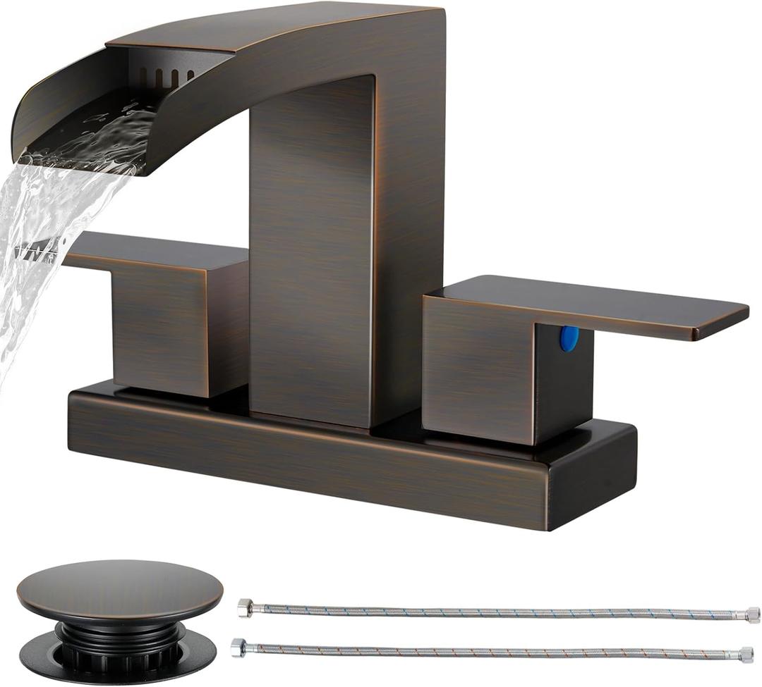 Cobbe Waterfall Bathroom Faucets 3 Hole, Oil Rubbed Bronze Bathroom Sink Faucet Square 4 Inch Centerset with Pop-Up Drain, 2 Handle and 2 Supply Hoses, Lead-Free Stainless Steel for Vanity Sink Rv