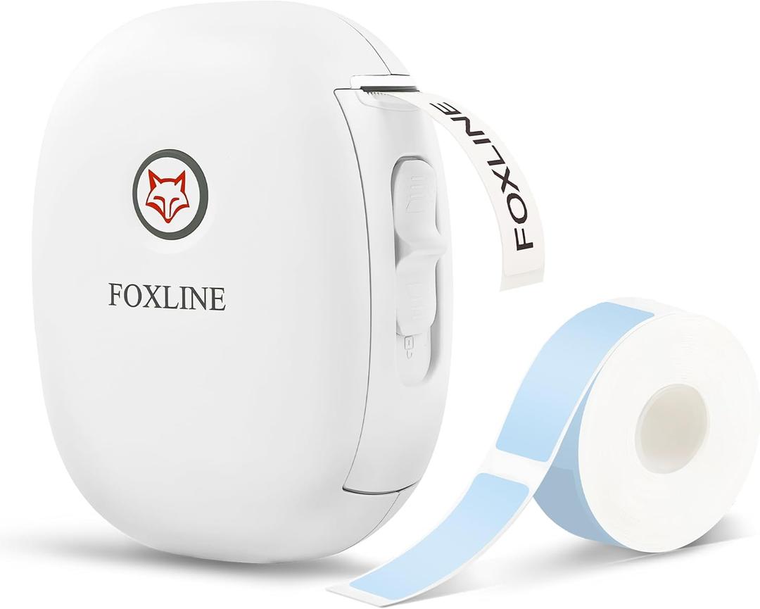 FOXLINE F10 Label Maker Machine with Blue Tape, Portable Bluetooth Thermal Mini Label Printer, Rechargeable Sticker Maker, Inkless Labeler for Home, School, Kitchen, Office Organization, White