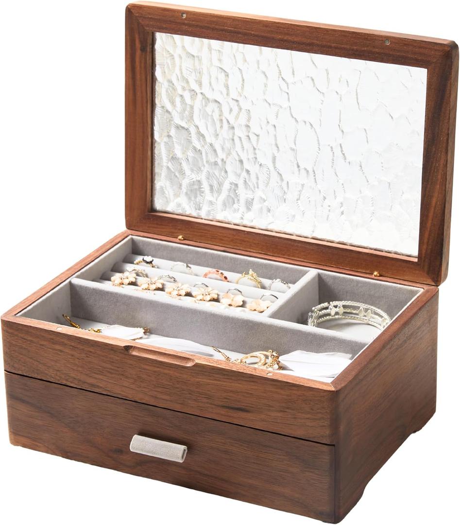Wooden Jewelry Box, Large Size Case, Natural Solid Walnut Wood Vintage Trinket Organizer with 2-Layer Storage, Drawer, Ring Compartments, Necklace Hooks, Glass Lid, ek06-b-walnut