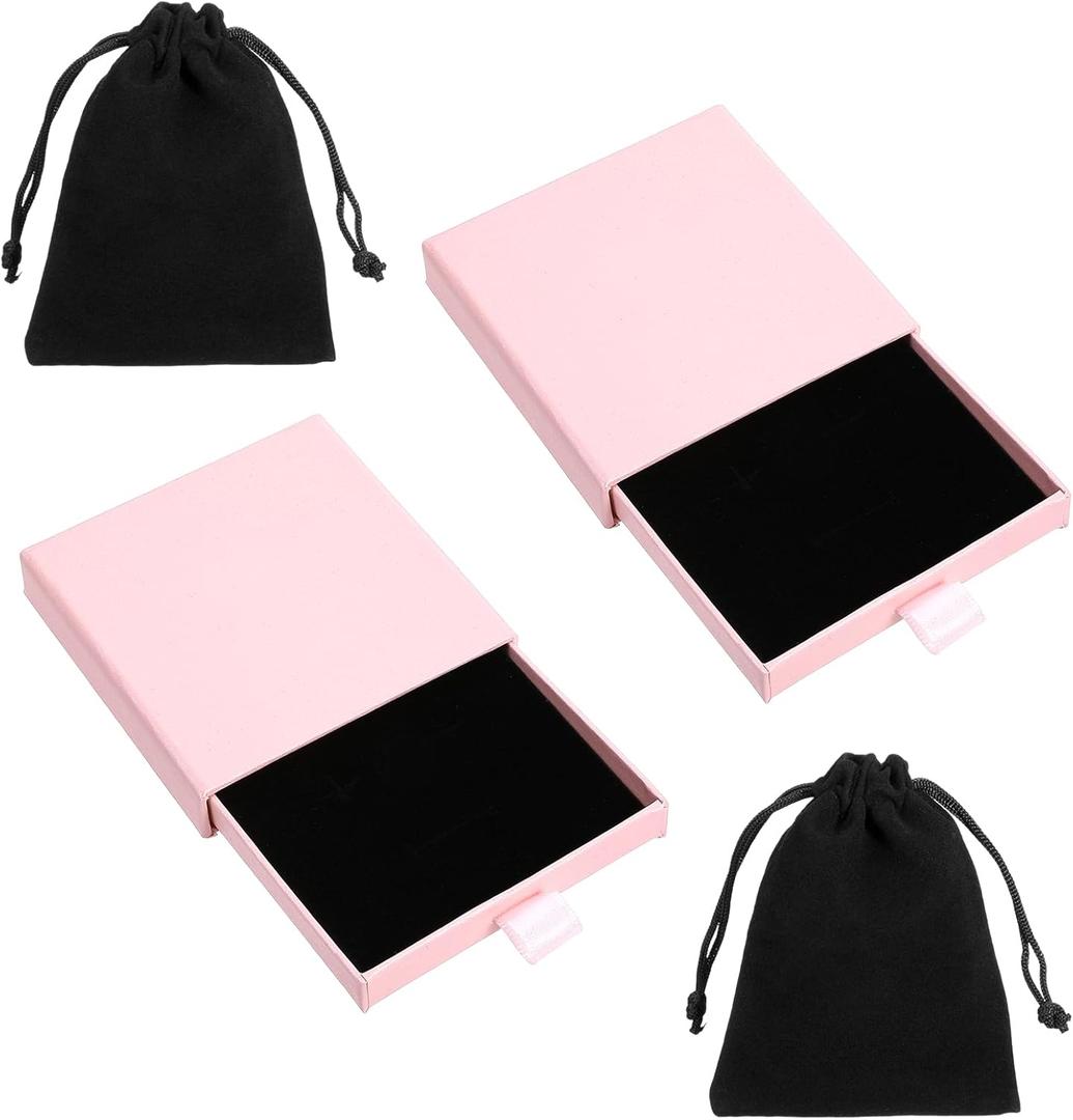 Yolev 4pcs Jewelry Gift Box Pink Black Necklace Gift Box Cardboard Square Small Jewelry Gifts Boxes and Velvet Bag For Necklace Ring Earring Bracelet Birthday Wedding Christmas Party Favors