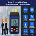 Dual-Channel K/J Thermocouple Thermometer with 4 K-Type Thermocouples -328F ~ 2501F Measurement Range HVAC Temperature Meter Gauge with Data Hold, MAX/MIN/AVG, Hi/Lo Backlit Alarm, ADJ Compensation