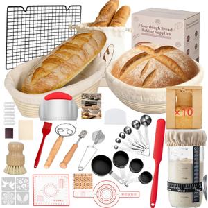 52 Pcs Sourdough Starter Kit, Sourdough Bread Baking Supplies with 9" Round & 10" Oval Banneton Bread Proofing Basket, Cooling Rack, Sour Dough Starter Jar, Bread Making Kit Gifts for Women Wife Mom