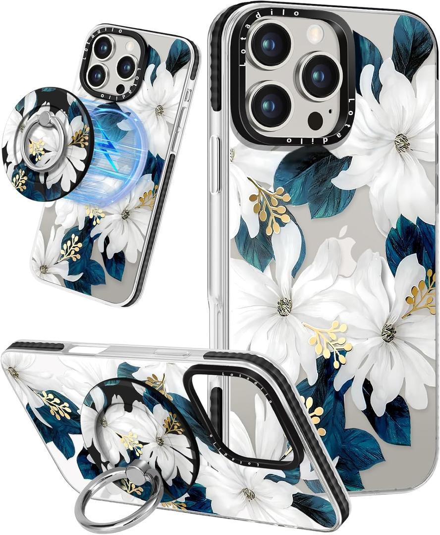 Lotadilo Case for iPhone 16 Pro Case Compatible with Magsafe Ring Holder Stand - for Women Blue Flower Design TPU Phone Cover for Girls Girly Funny Fashion