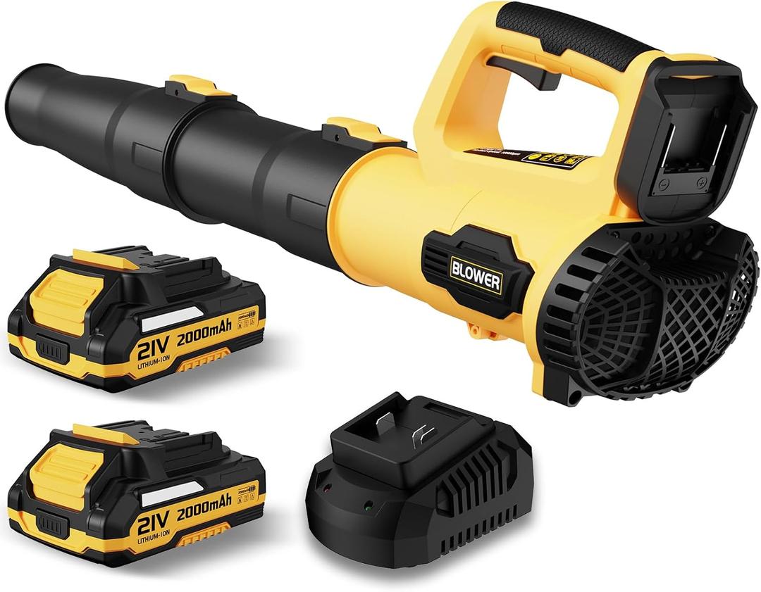 Leaf Blower, 21V Cordless Electric Blower with 2 2.0Ah Batteries and 1 Hour Fast Charger, Lightweight Leaf Blower for Patio Cleaning, Lawn Care, Blowing Fallen Leaves and Dust, etc. (Yellow)