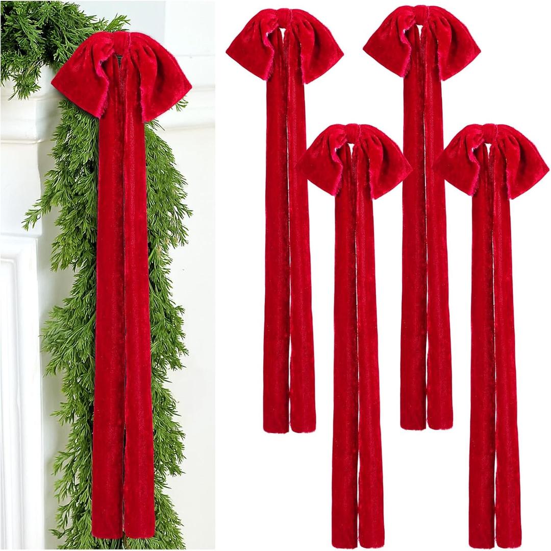4 Pcs Large Velvet Bows for Christmas Tree 35.5 x 11.8 Inches Rustic Velvet Ribbon Bow Christmas Swag Wreath Staircase Bows Vintage Raw Edges Tree Topper for Indoor Outdoor Decor(Red)