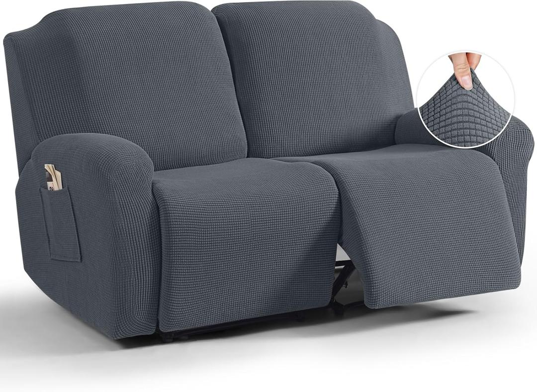 TAOCOCO Recliner Loveseat Slipcover, 6 Pieces Dual Recliner Sofa Covers for 2 Seat Dual Reclining Loveseat Couch, Stretch Soft Jacquard Pattern Furniture Protector with Elasticity (2XL, Grey)