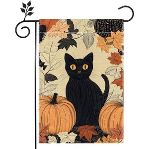 Fall Black Cat Pumpkin Garden Flag Double Sided 12x18 Outdoor Decor