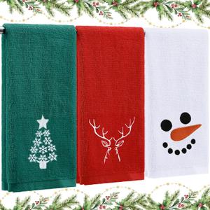 3 Pcs Christmas Hand Towels Set for Bathroom Green Christmas Tree White Snowman Red Elk Bath Towels Embroidered 100% Cotton Soft Absorbent Decor for Holiday Kitchen, 13.7 x 29.5''
