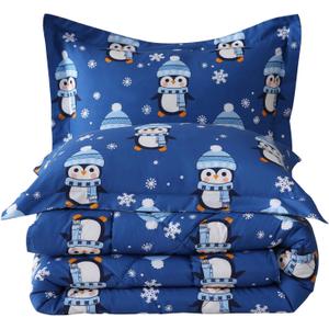 JSD Penguin Snowflakes Kids Christmas Comforter Set Twin Size, 2 Piece Xmas Printed Microfiber Bedding Set, Machine Washable