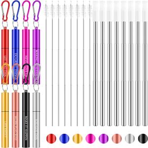Zubebe 8 Pcs Reusable Collapsible Travel Straw Portable Reusable Stainless Steel Drinking Foldable Cruise Straw with with Silicone Tip, Cleaning Brushes and Keychain for Travel Work(Stylish Style)