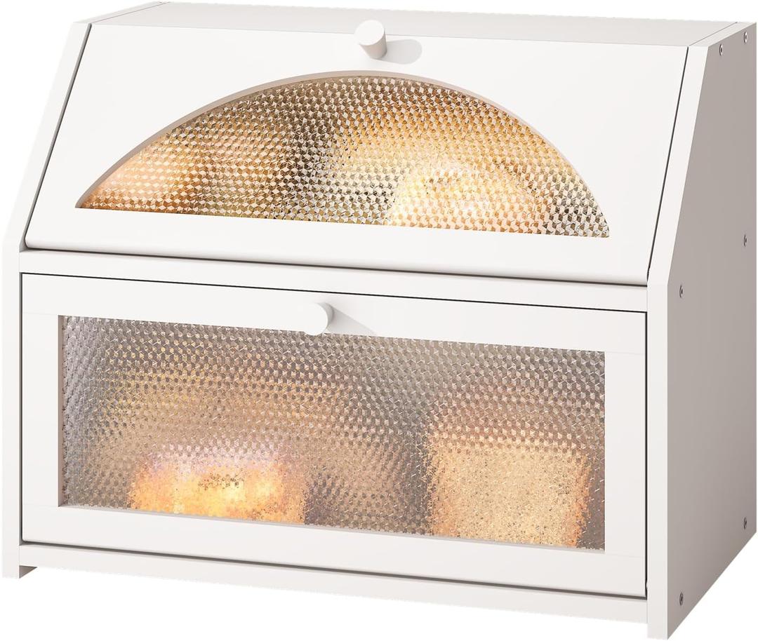White Bread Box for Kitchen Counter, Large Corner Bamboo Wood Bread Box with Door Panel,Bread Storage Container (White)