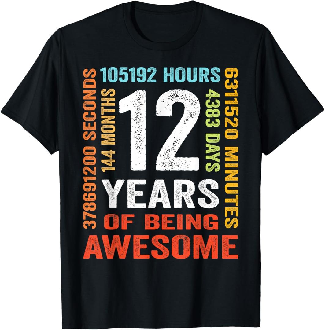 12 Years 144 Months of Being Awesome 12th Birthday Gifts T-Shirt, Black, Small