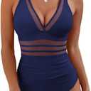 BMJL Women's Tummy Control Swimsuits Mesh Sexy One Piece Bathing Suits Slimming V Neck Swimwear, M