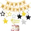 Gold Happy Birthday Banner with Gold Queen Cake Toppers and Hanging Vortex for Girls Women Birthday Party Decorations Supplies