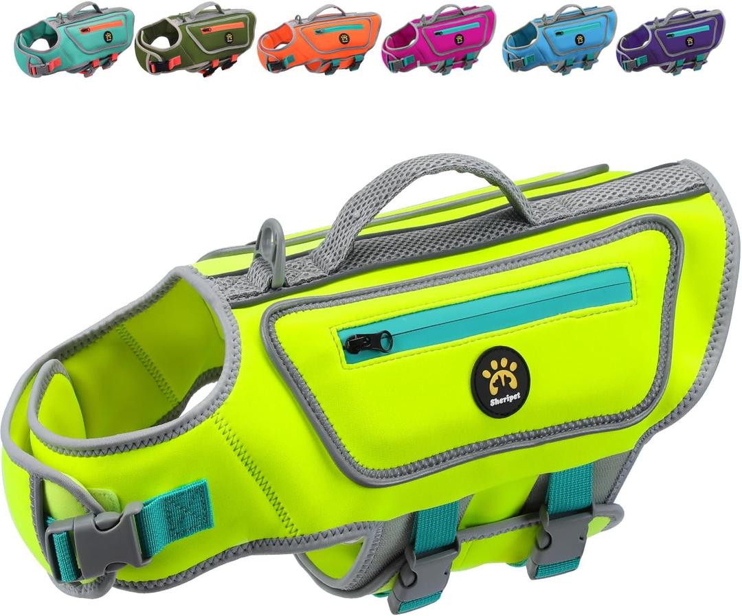 Dog Swimming Vest with D-Ring, Lightweight Dog Life Vests for Boating, Reflective Pet Lifejackets Swimsuit Neoprene Dogs Life Jacket with Rescue Handle for Small Medium Dogs (Green, S)