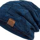 PAGE ONE Mens Winter Slouchy Beanie Warm Fleece Lined Skull Cap Baggy Cable Knit Hat (Blue)