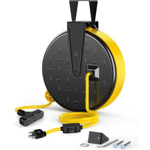 DEWENWILS 30 Ft Retractable Extension Cord Reel, Ceiling/Wall Mount 16/3 Gauge SJTW Power Cord with 3 Electrical Outlets Pigtail for Garage and Shop, 10 Amp Circuit Breaker, Metal Plate, UL Listed (Black/Yellow-yellow Cord)