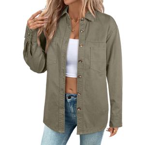 Sidefeel Women Denim Shirt Oversized Long Sleeve Button Down Blouse V Neck Trendy Western Shacket Tops Green X-Large