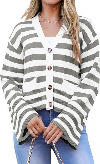 Saodimallsu Womens Striped Cardigan Sweaters Cropped Fall Button Open Front Long Sleeve Knit Sweater Coat with Pockets L