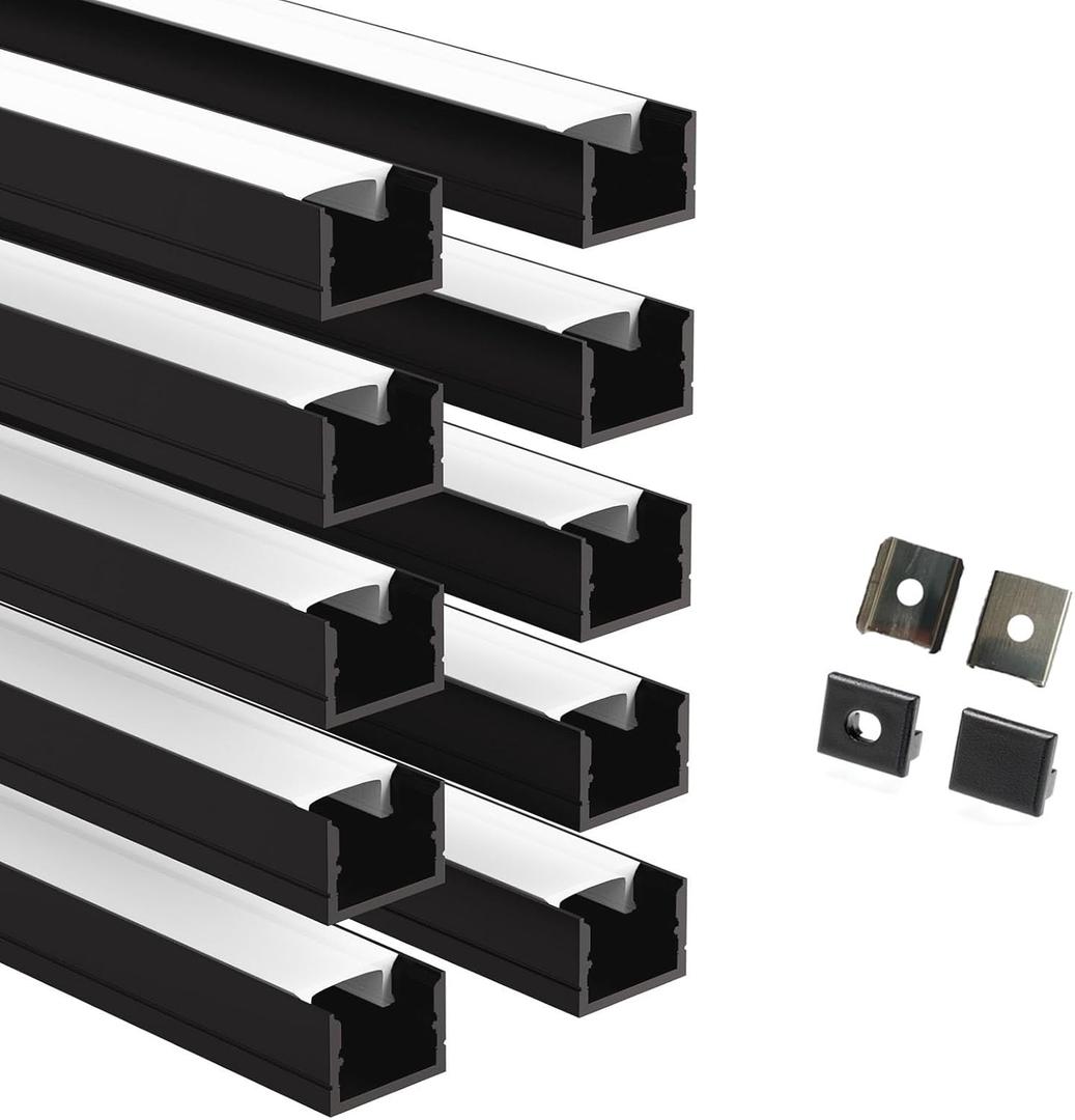 Besseto 10 Pack 1M/3.3Ft LED Aluminum Channel for Wall Panel,Wood Slat Wall Panel LED Strip Light Aluminum Channel Profile for Living Room Bedroom Bathroom Stairs (Black-10Pack 3.3Ft)