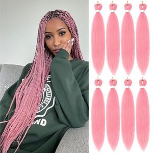 Pink Braiding Hair Pre Stretched 20 Inch 8 Packs Pre Stretched Braiding Hair For Braiding For Braids Hot Water Setting Soft Yaki Texture Easy To Twist(20Inch,Pink)
