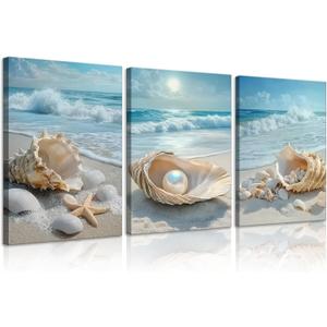 3Pcs Beach Themed Canvas Wall Art Summer Beach Waves Pictures Wall Decor Seashells Starfish and Pearl in Ocean Setting Coastal Prints Paintings Seaside Artwork for Living Room Bedroom Office Gift