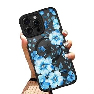 OOK Magnetic Case Fit for iPhone 16 Pro Max 6.9 Inch (Compatible with MagSafe) Soft TPU and Hard PC Phone Cover with Blue Floral Flowers Anti-Scratch Shockproof Protection Case for Women
