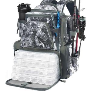 Piscifun Fishing Backpack with 2 Rod Holders & 4 Tackle Boxes, Large Tackle Storage Bag With Rain Cover for Fishing Gear (VEIL Camouflage)