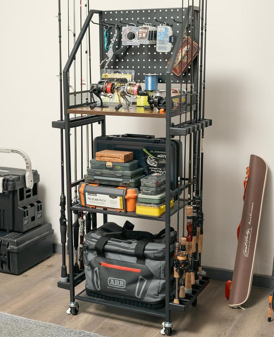 SOYEEZE Fishing Rod Holders for Garage, Fishing Pole holders, Fishing Gear Storage up to 12 Rods with Hooks and Wheels, Fishing Cart For Fishing Rod Tackle Box Reel Storage (6 hooks, Black-6 hooks)