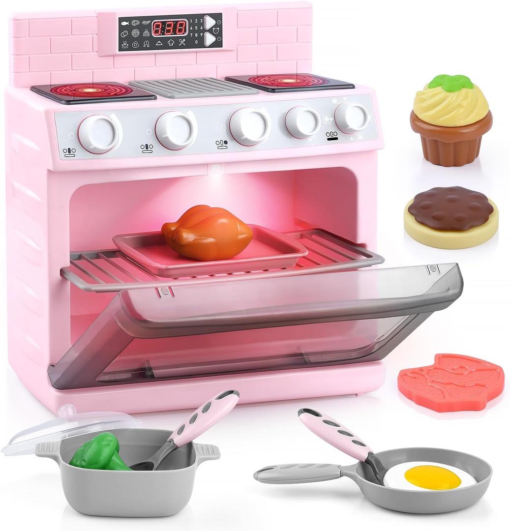 PLAY Toy Oven Kids Kitchen Playset, Kids Play Kitchen Set with 11 Accessories, Realistic Cooking Sounds  Lights, Pretend Play Oven Toddler Cooking Gift Set for Girls Boys Ages 3+