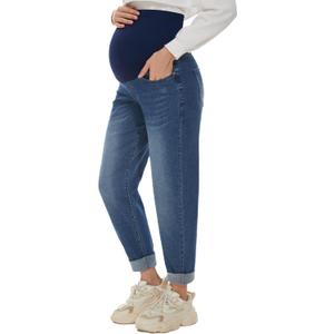 POSHGLAM Women's Maternity Jeans Over Belly Comfy Stretch 28'' Boyfriend Jeans Loose Pregnancy Pants, S-XXL (Medium, A02 Dark Blue 28'')
