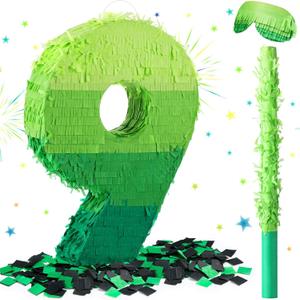 WinnerWhy Number Piata Decorations 16 Inch Gradient Green Piata with Blindfold Stick and Confetti for Birthday Baby Shower Safari Jungle Themed Party Supplies Centerpiece(Number 9)