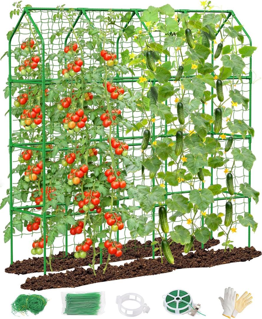 Cucumber Trellis for Climbing Plants Outdoor, A-Shape Garden Trellis for Raised Bed, Metal Plant Trellis with Garden Netting for Flower Vegetables, Pea, Grape ((67 * 17 * 65inch(L*W*H))