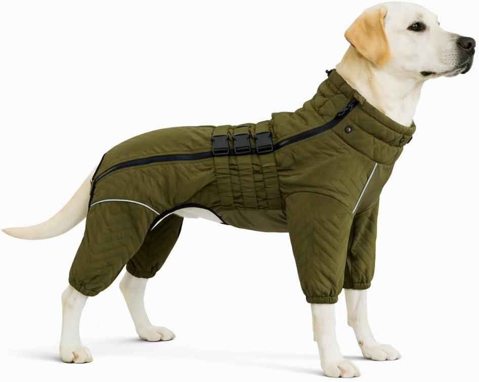 Warm Dog Coat Double Layers Dog Vest, 4 Legs Covered Windproof Waterproof Reflective, Olive 5XL (5XL (back 29"))