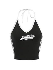 SHENHE Women's Summer Graphic Halter Cute Crop Top Sleeveless Letter Y2k Backless Casual Top Black Large
