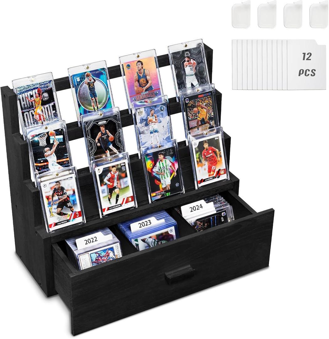 Emfogo Trading Card Display, 3-Tier Card Display Case with Custom Drawer, Wood Graded Card Display with Card Supporters and Dividers, Sports Card Display Case for Card Game Collection (Black)