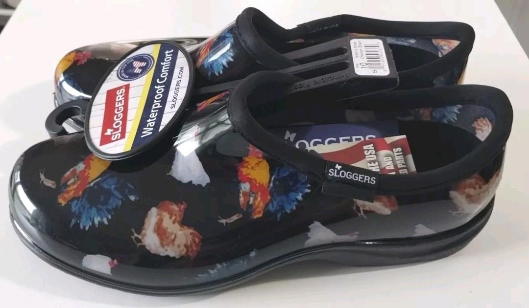 Sloggers Original Waterproof Rain and Garden Shoe for Women– Outdoor Slip-On Garden Clog - Made in The USA with Premium Comfort Insole and Arch Support - Classic Chicken Black, Size 10