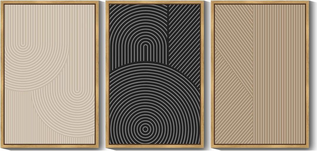 Drsoum Mid-Century Modern Framed Wall Art Large 24x36in Minimalist Abstract Boho Neutral Line Wall Decor Geometric Artwork Kitchen Dining Room Natural Framed