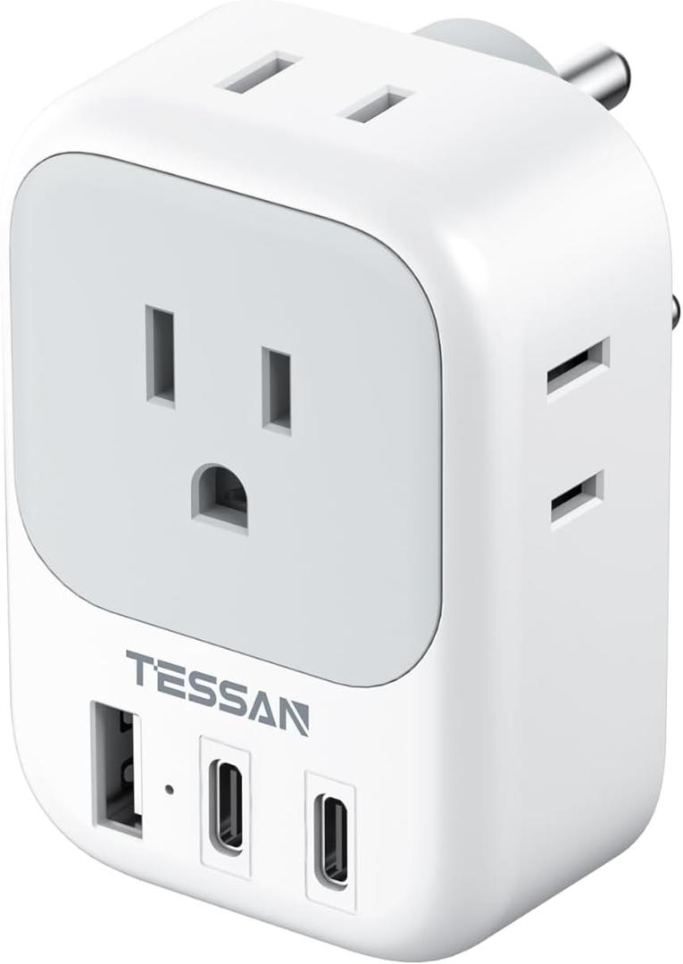 US to India Plug Adapter, TESSAN Type D Travel Adapter with 4 Outlets 3 USB (2 USB-C), Power Adaptor for USA to India Nepal Maldives Pakistan Bangladesh Sri Lanka Bhutan Yemen (white-gray-Type D)